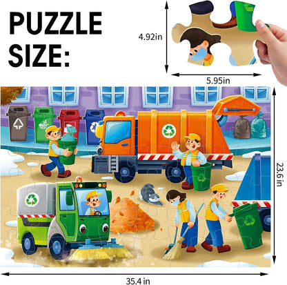 Jumbo Floor Puzzle for Kids,Recycling Garbage Truck Jigsaw Large Puzzles,48 Piece Trash Truck Vehicle Puzzle for Toddler Ages 3-5,Children Learning Preschool Educational Toys,Gift for 4-8 Years Old