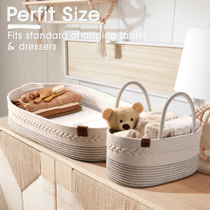 Baby Changing Basket Includes Diaper Caddy - Breathable & Waterproof Dual-Cover, Portable, Changing Pad for Dresser & Changing Table, Gift for Baby Shower, Cotton Rope Basket for Baby