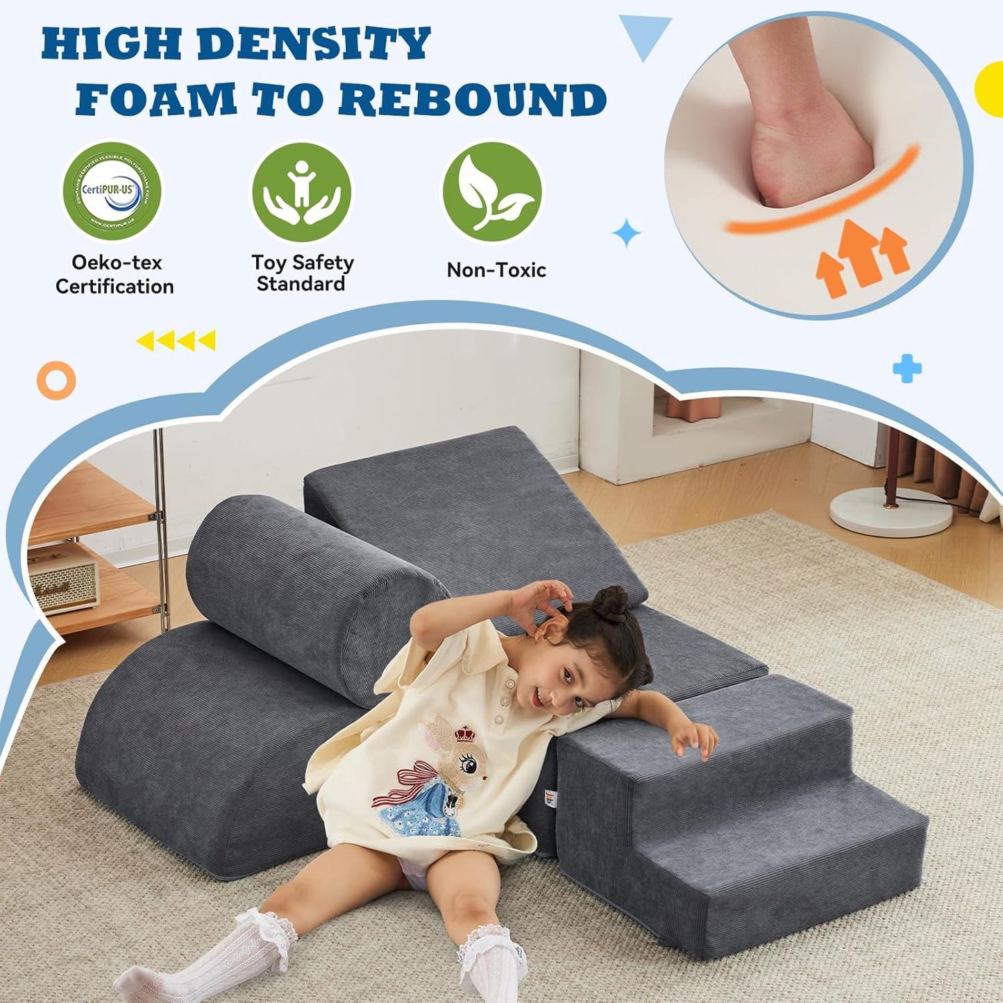 Jela Foam Blocks 6Pcs Soft Play Equipment Luxury Corduroy Fabric, Toddler Climbing Toys Indoor Soft Play for Toddlers