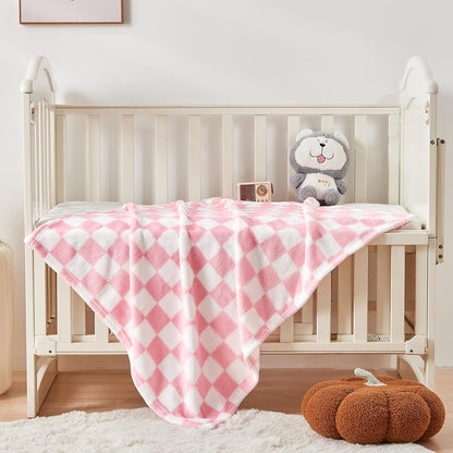 Yurhap Checkered Baby Blanket for Girls Pink Fleece Baby Blankets for Girls Boys, Warmer Comfort