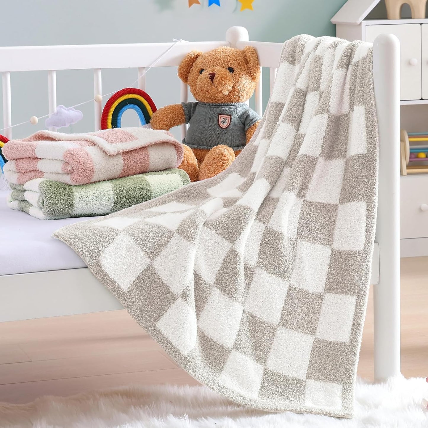 WRENSONGE Checkered Throw Blanket, Taupe Soft Cozy Fluffy Warm Hand Made Throw Blankets for Couch
