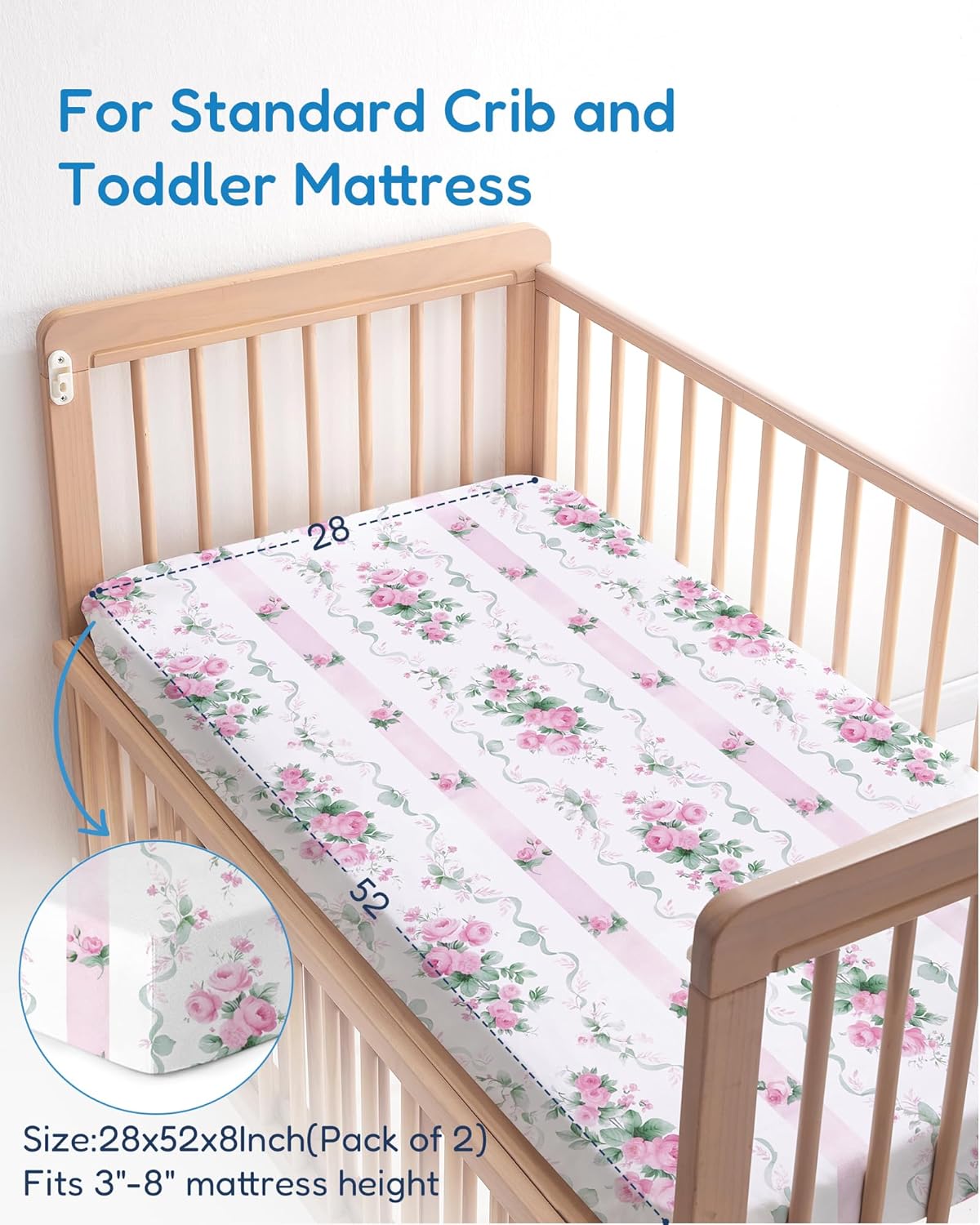 Baby Crib Sheets for Standard Crib Mattress - Pink Roses Pattern, Breathable and Soft, Safe and