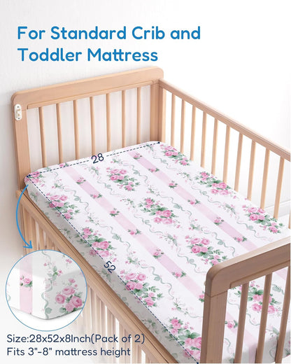 Baby Crib Sheets for Standard Crib Mattress - Pink Roses Pattern, Breathable and Soft, Safe and