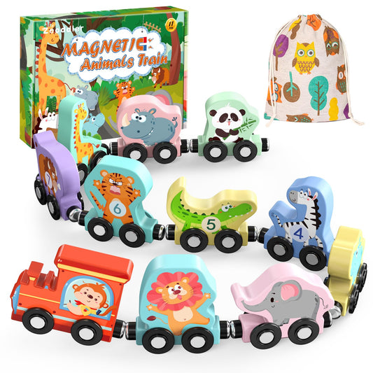 Zeoddler Toys for Toddlers, 11 Magnetic Wooden Animals Train Set, Montessori Toys for Toddlers