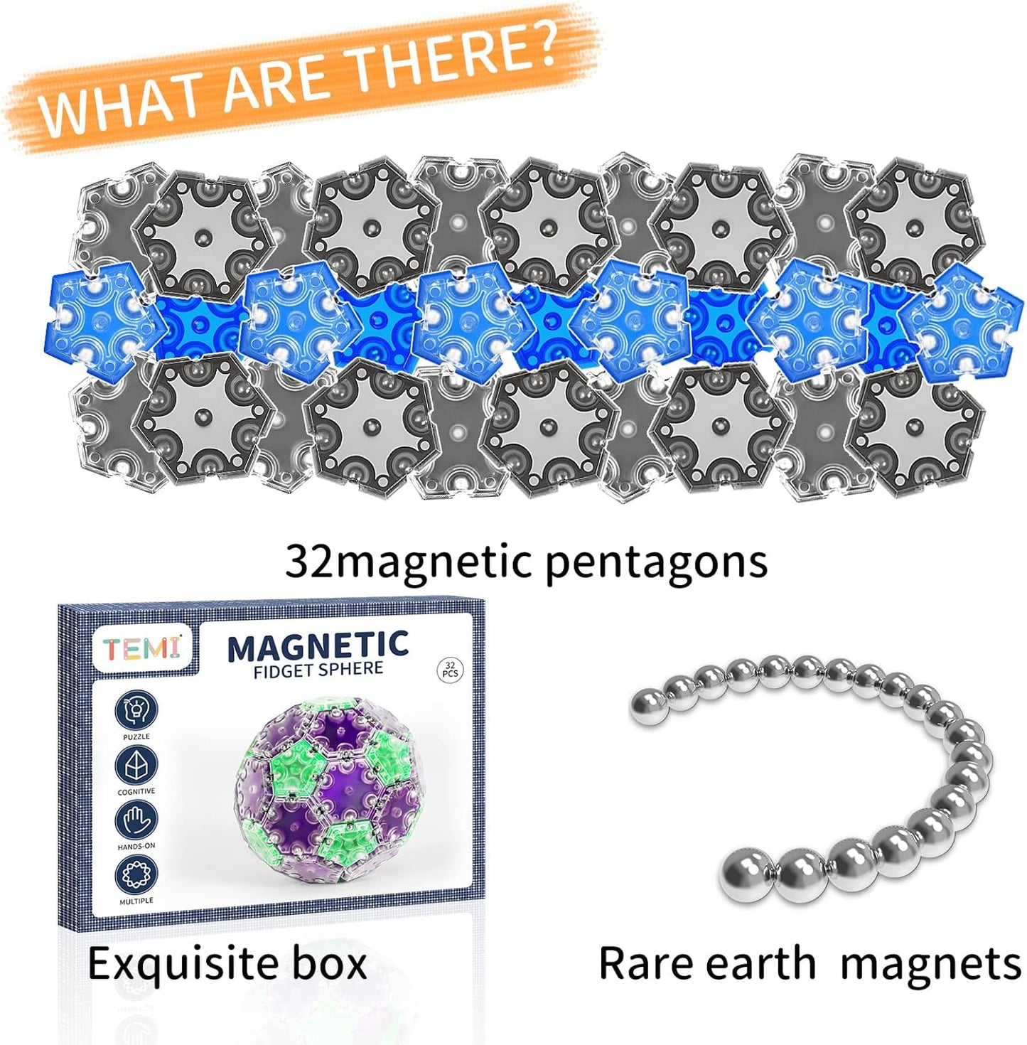 Fidget Sphere Toys of 32-Piece Set Magnetic Building Block Fun Executive Desk Toy Puzzles for Adults 14+ Years Old Boys and Girls-Fidget Blocks 3D-Grey and Blue