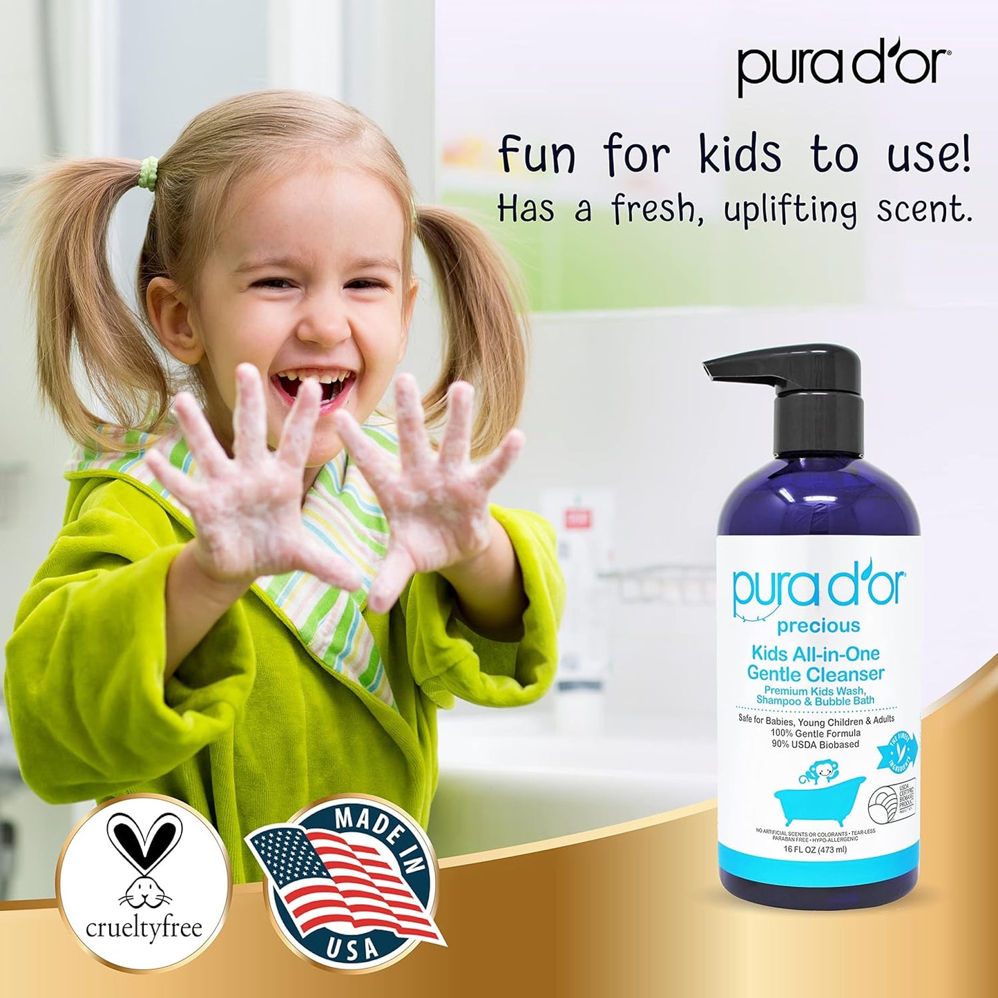 PURA D'OR Kids Wash (16oz x 3 = 48oz) All-in-One Gentle Cleanser - USDA Biobased, Sulfate-Free