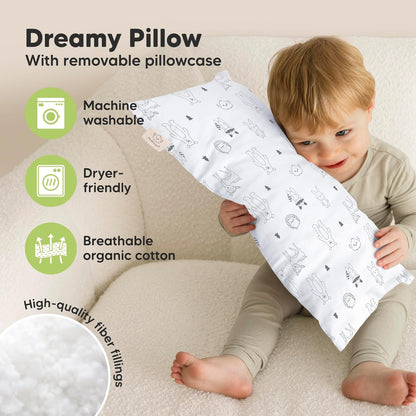 Toddler Pillow with Pillowcase - 10x18 My Little Dreamy Kids Travel Bed Pillows for Sleeping, Organic Cotton Small Pillowcase, Soft & Breathable, Machine Washable, Toddlers 2-5 Years Old (KeaFriends)