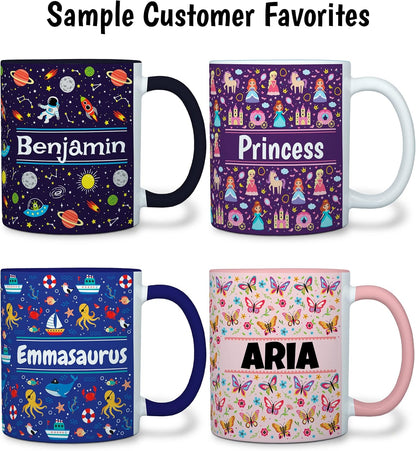 Personalized Mug for Kids - Princesses - Custom Name/Text, Ceramic Hot Chocolate/Cocoa/Coffee Cup for Girls, Birthday/Christmas/Holiday Gift - 11 oz, Black Handle