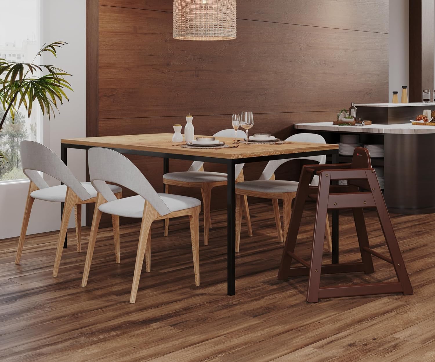 Foundations Neat Seat Wood Highchair for Restaurants, Easy to Clean, “No-tip” Feet, 3-point Safety