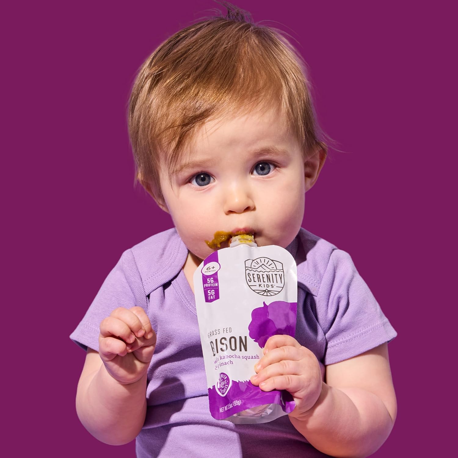 Serenity Kids Baby Food Pouches, Grass Fed Bison with Organic Kabocha Squash & Spinach, For 6+