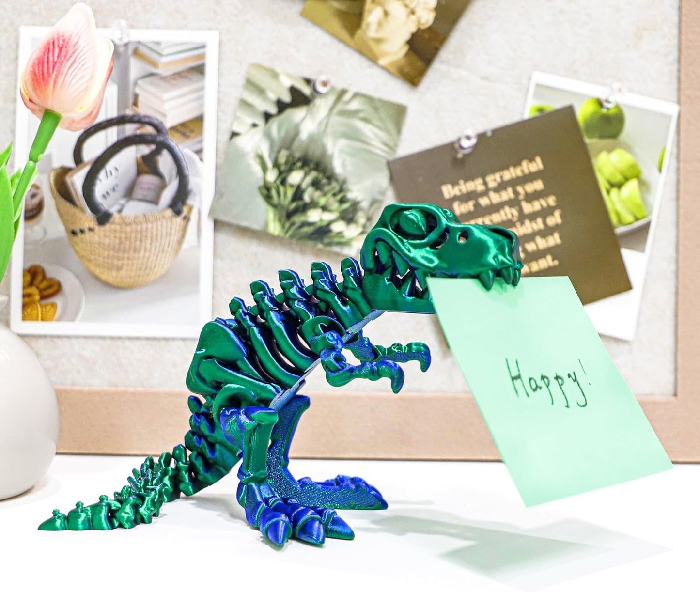 3D Printed Dinosaur with Bones - 10 inch Flexible T-Rex Skeleton with Bones, 3D Fidget Toy, Birthday Gift, Dragon Collection, Desk Executive Toy - Green