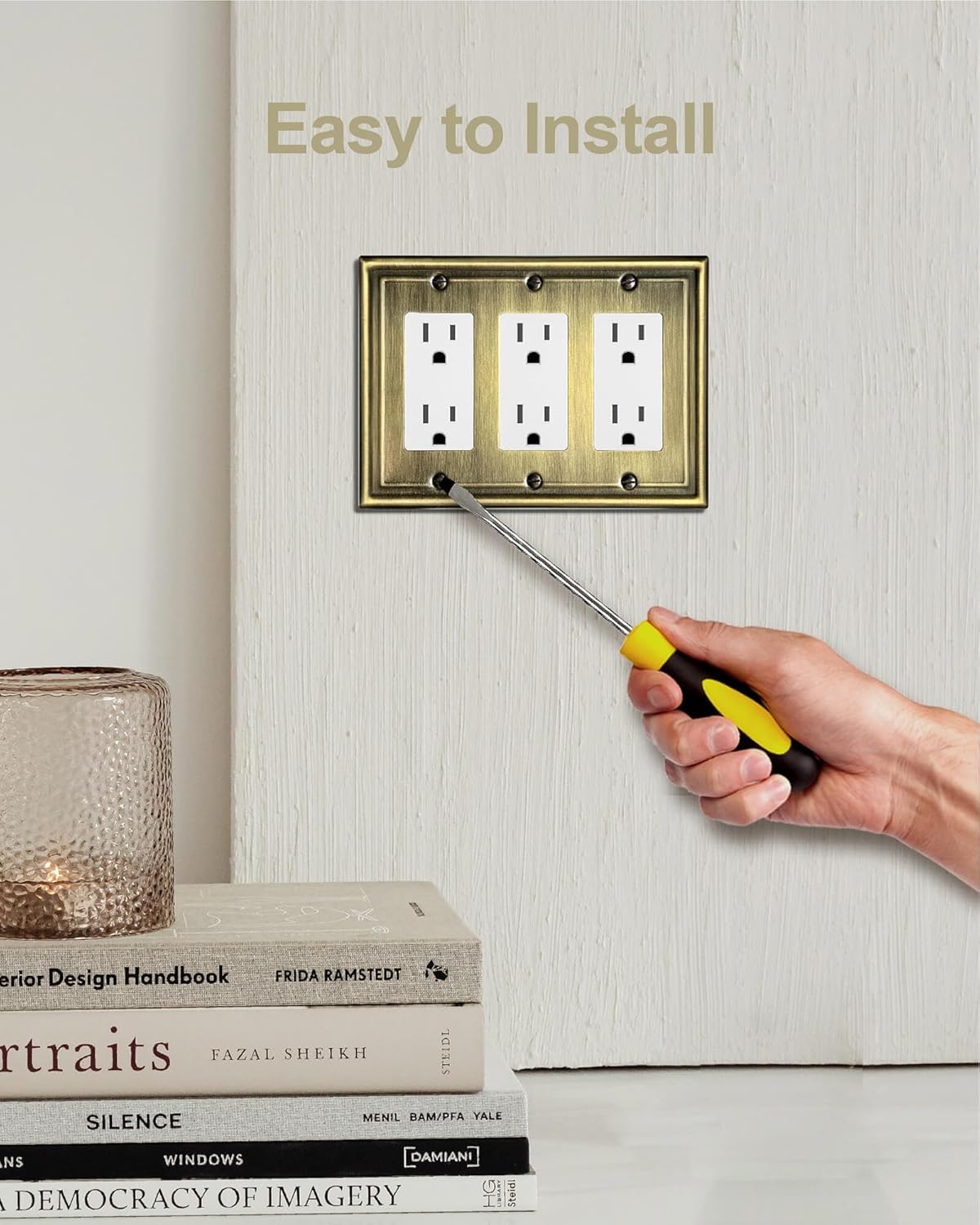 1 Pack Triple Decorator Wall Plates, Metal Electrical Outlet Covers for Receptacles, Dimmer Switches, GFCI Outlets, Antique Brass, 6.77''*4.88'', Midisze, 3 Gang