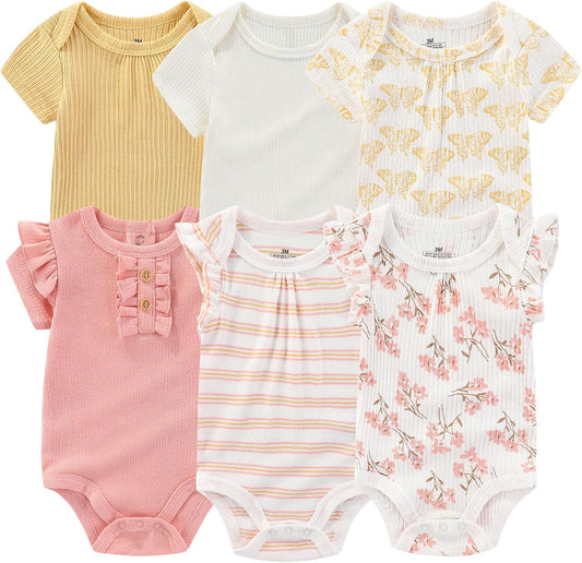 Baby Bodysuit 6 Pack Soft Mixed Ribbed Short Sleeve Romper Infant Boy Girl Clothes Set