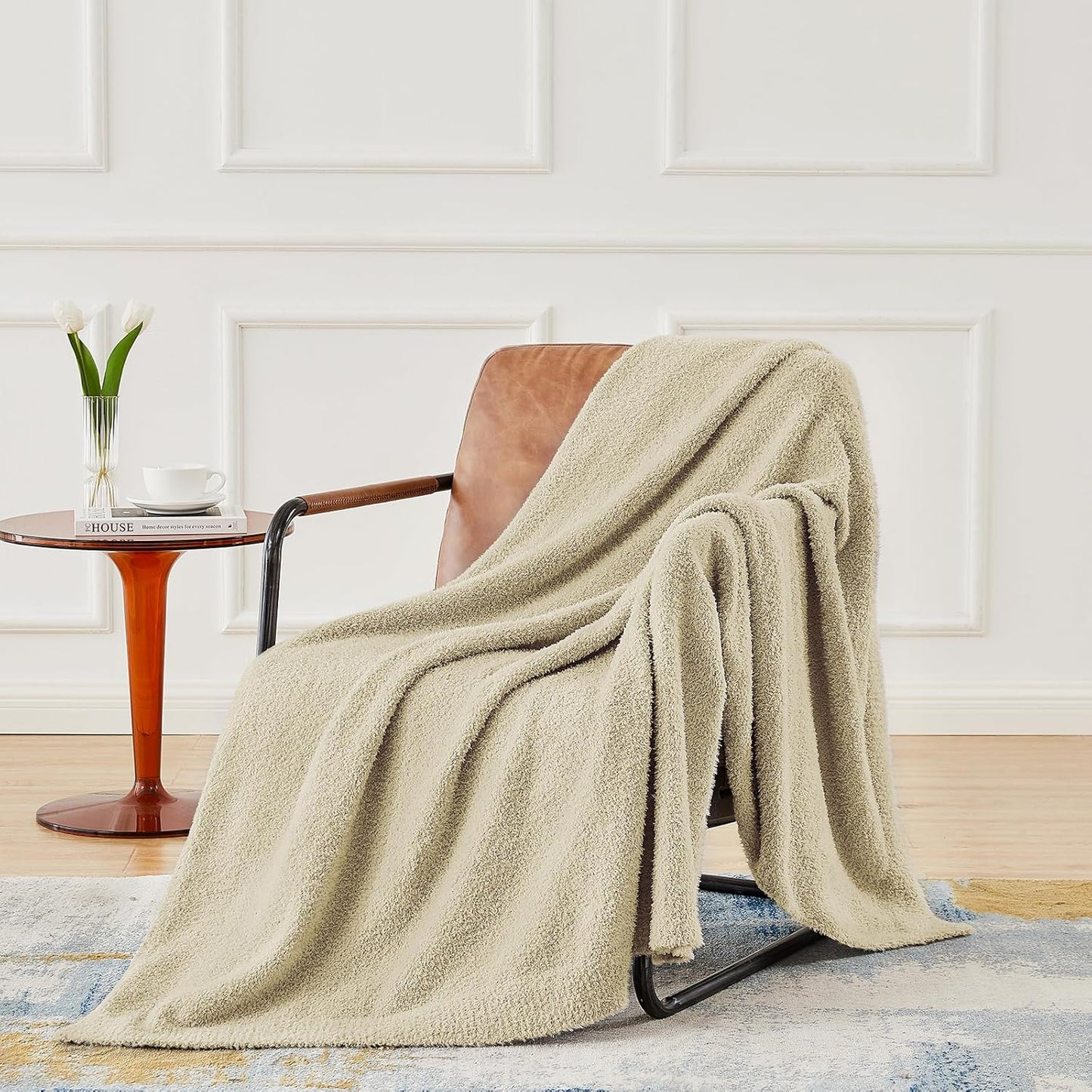 CYMULA Super Soft Twin Size Beige Knit Throw Blanket - Lightweight Plush Fuzzy Fluffy Warm Cozy