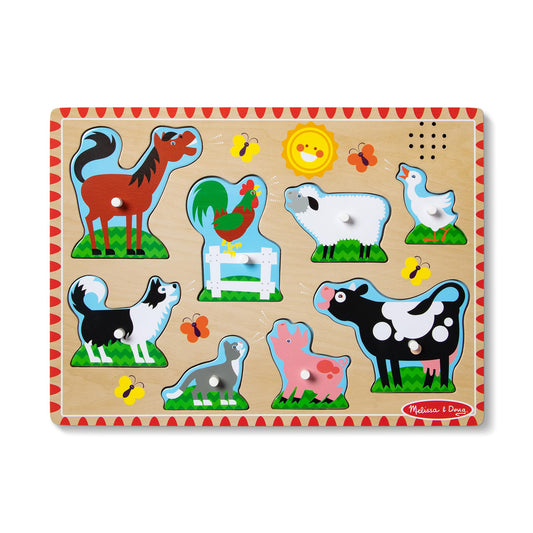 Melissa & Doug Farm Animals Sound Puzzle – 8-Piece Wooden Peg Puzzle with Light-Activated Sounds