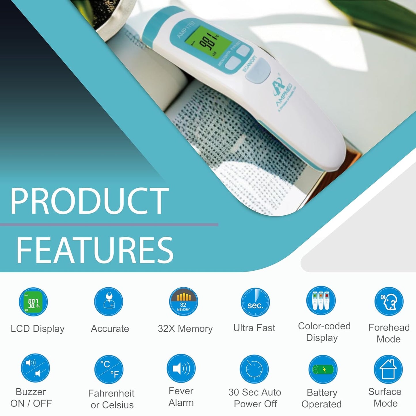 Amplim Non-Contact Forehead Thermometer & Case for Adults, Kids, Baby, FDA Cleared, Medical Grade