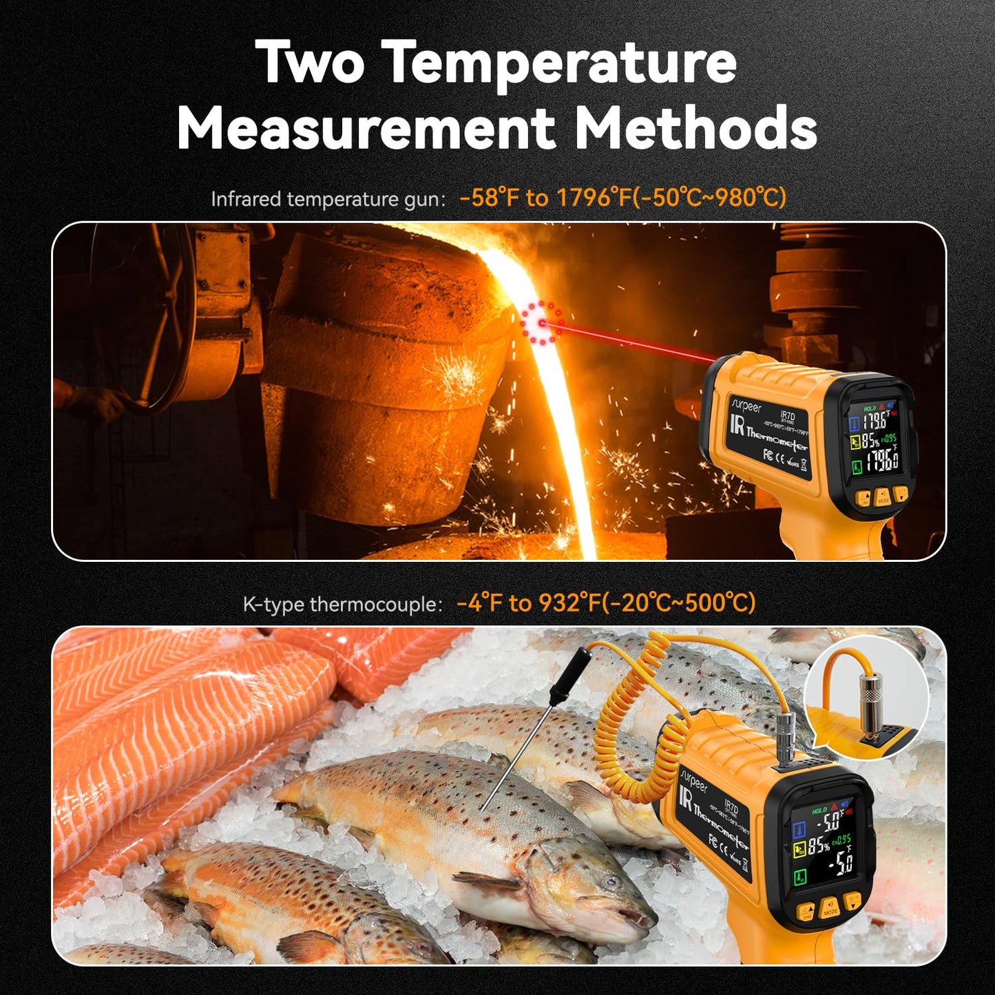 50:1 Infrared Thermometer -58F to 1796F, Laser Temp Gun with Thermocouple Probe for Pizza Oven