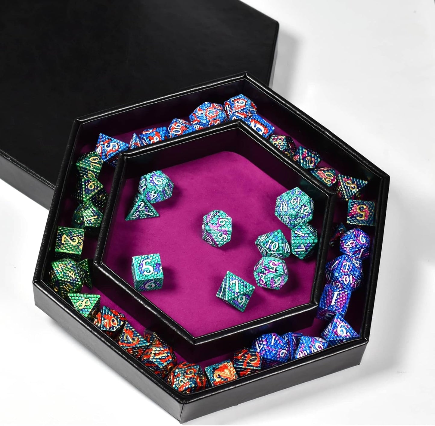 DND Dice Tray - 2 in 1 Rolling and Storage Hexagonal Tray, Faux Leather, Rose Red