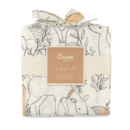 Crane Baby Woodland Quilted Changing Pad Cover, Animal Fox Print, Cotton Sateen, Secure Elastic Fit, Neutral Woodland Animal Nursery Decor for Boys and Girls, Diaper Changing Pad Cover