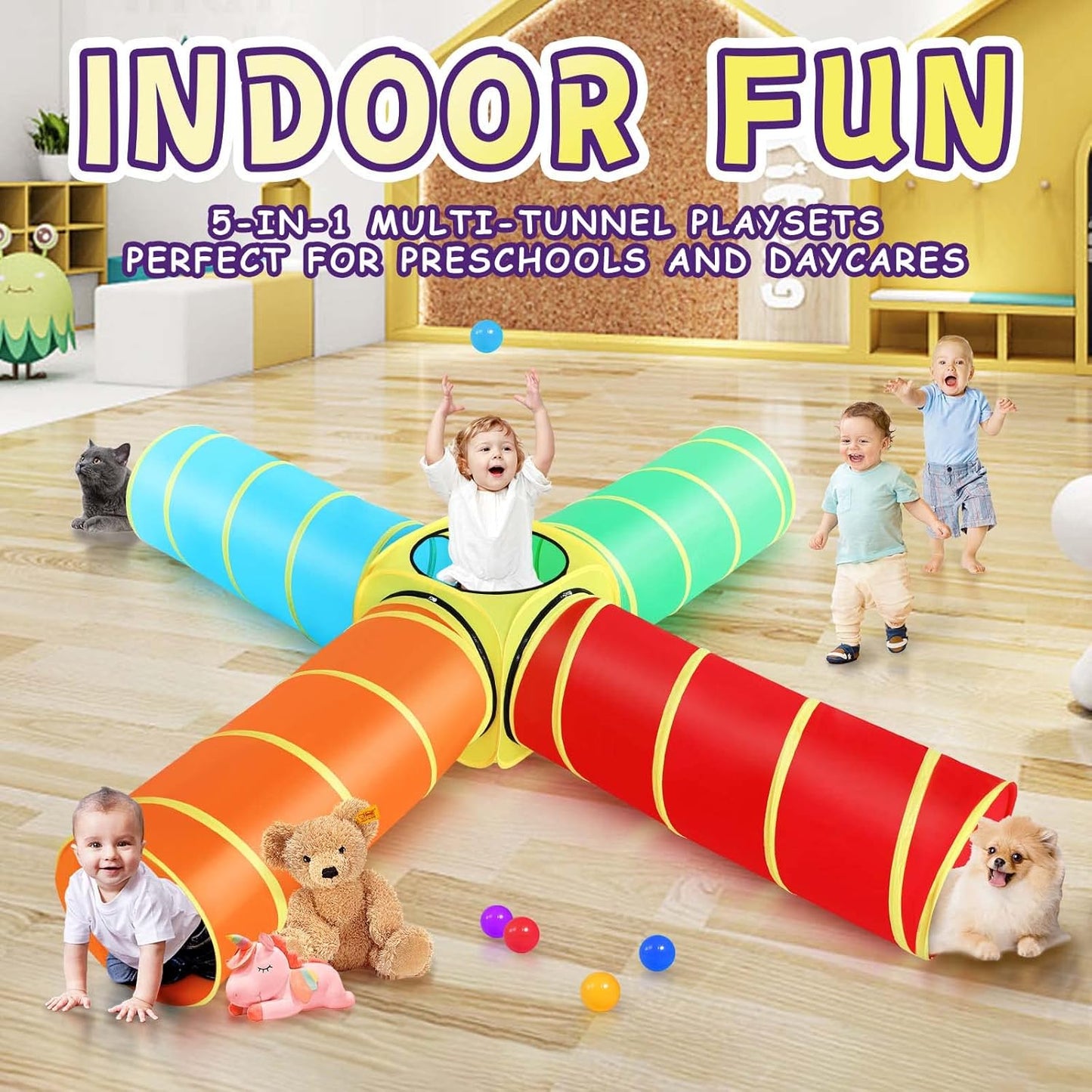 Moncoland Kids Play Tunnel Tent for Toddlers, 5 PCS Colorful Pop Up Crawl Tunnel Toy for Baby or Pet, Collapsible Gift for Boy and Girl Indoor Outdoor Game