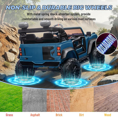 ENYOPRO 2 Seater Ride On Car for Kids, 24v Licensed Ford Bronco Raptor Electric Power Ride On Truck Toy with Remote Control, 4 Wheels Shock Absorption, Soft Start, Bluetooth, Radio, 3 Speed - Blue