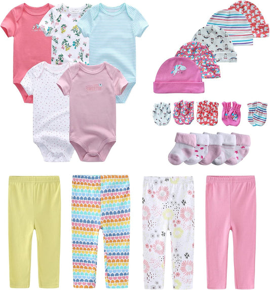 Newborn Layette Gift Set Bodysuits Pants for Baby Girl and Boy 24 Piece 100% Cotton Essentials and Accessories