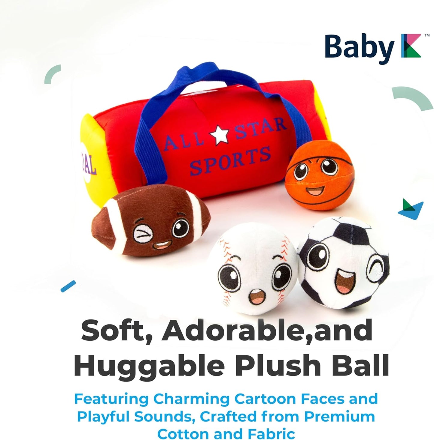 My First Sports Bag with 4 Plush Sports Balls - Rattle Balls for Baby with Soft Football, Basketball, Baseball, Tennis Ball & Soccer Ball for 1 Year Old Toys - Baby Toys for Toddler