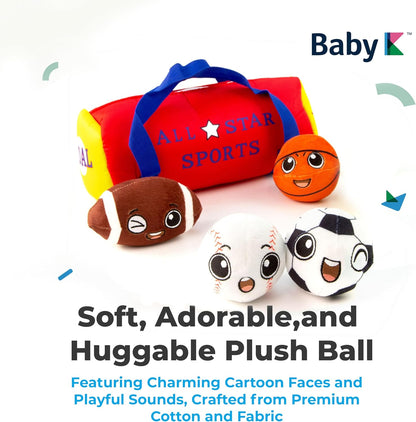 My First Sports Bag with 4 Plush Sports Balls - Rattle Balls for Baby with Soft Football, Basketball, Baseball, Tennis Ball & Soccer Ball for 1 Year Old Toys - Baby Toys for Toddler