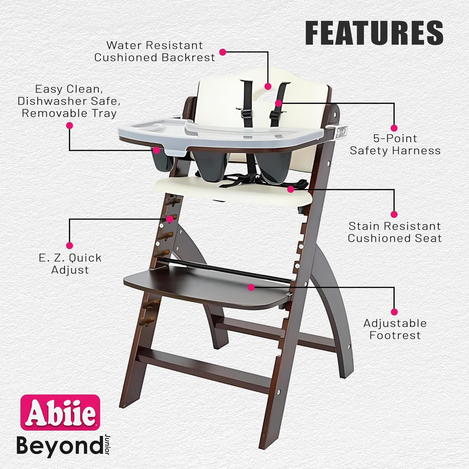 Abiie Beyond Junior Wooden High Chair with Tray - Adjustable and Convertible High Chair for Babies