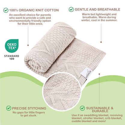 Organic Cotton Baby Blanket - 31.5 x 43.3 Inches, Soft Knitted Crib Blanket for Boys & Girls, Breathable Design (Beige)