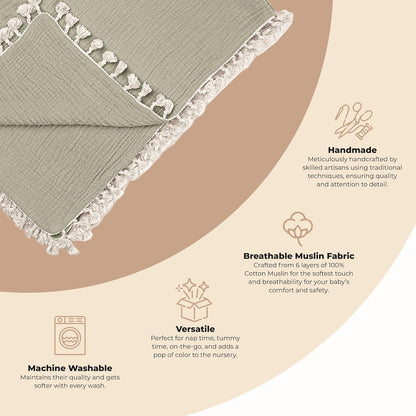 Crane Baby Green Muslin Baby Blanket, 6-Layer Cotton Baby Swaddle, Soft Cotton Lightweight Nursery and Stroller Blanket for Baby Boys & Girls, Fern Green, 30" x 40"