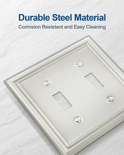 2-Pack Double Toggle Wall Plate, Metal Switch Plate Cover, Satin Nickel Light Switch Cover, Midsize, A031 Series