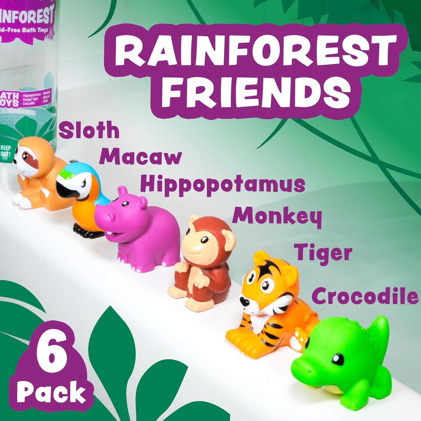 Tub Works® Rainforest™ Mold Free Bath Toys, 6 Pack | Sealed, No Hole Bath Toys Design Keeps