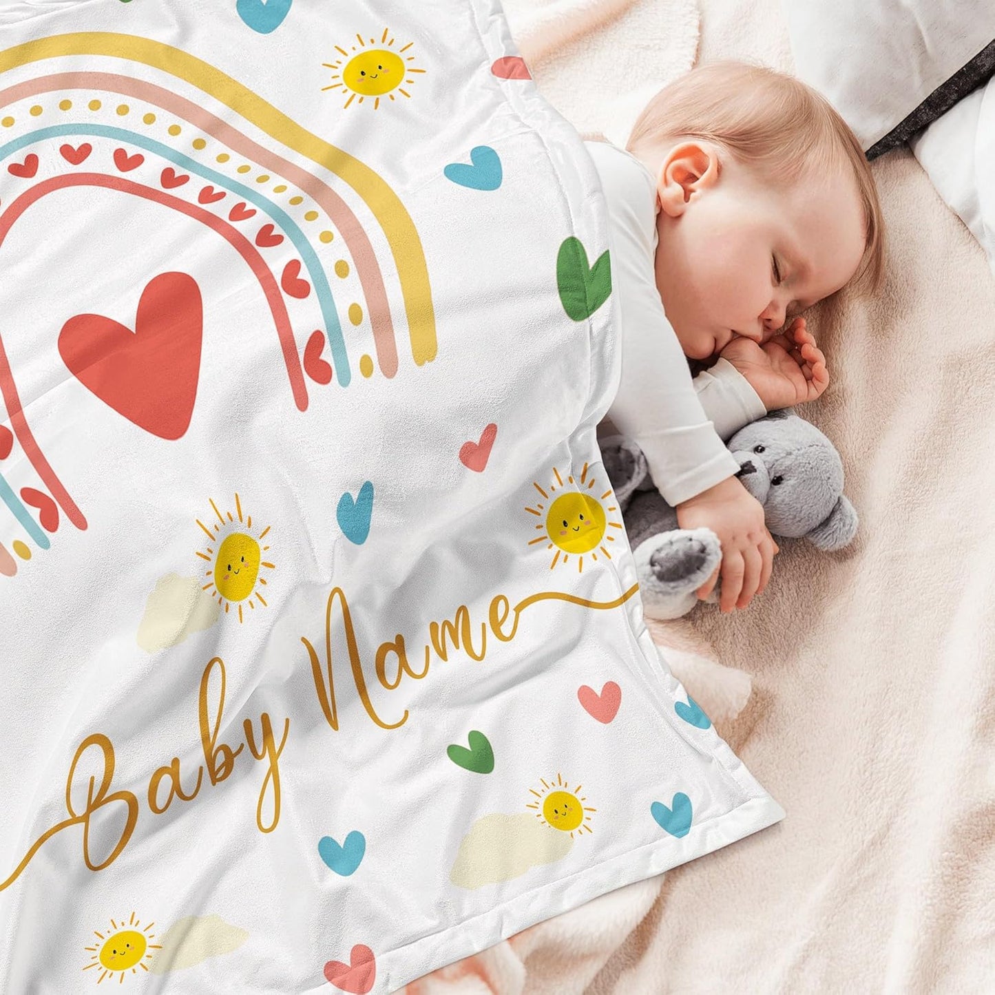 Personalized Baby Name Blanket for Girl Gifts for Baby Shower Christmas Birthday Custom Blanket with Boho Style Rainbow Customized Gifts for Newborn New Baby