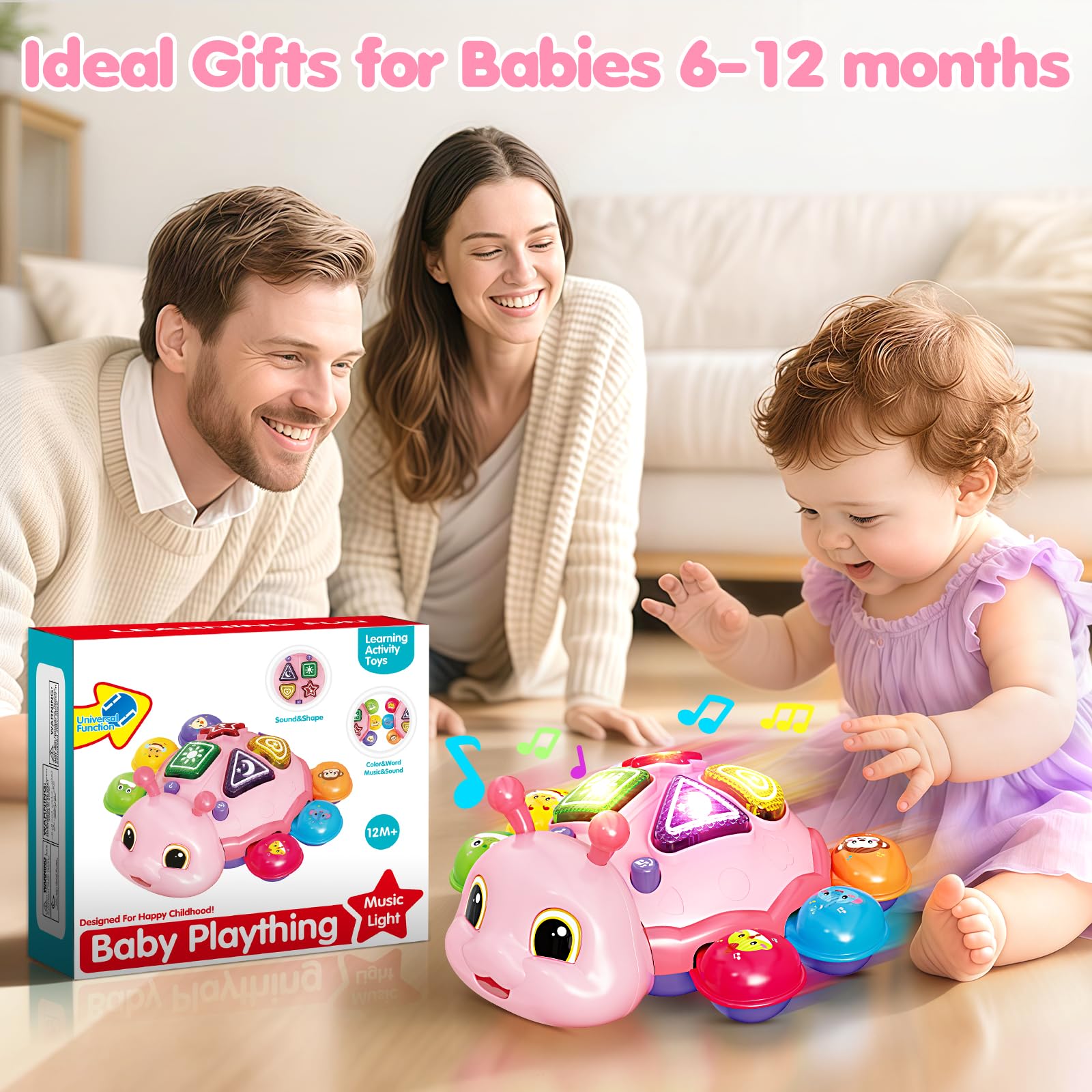 Baby Toys 6-12 Months, Musical Crawling Infant Toys with Lights Sound, Pink