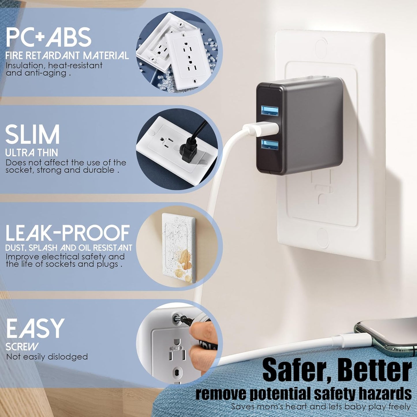 Nearockle 2 Pack Self-Closing Outlet Covers, 2024 Upgraded Built-in Hidden Slider & No-Pull-Out Wall Plug Covers Fit All Screw Outlets, Child Safety Baby Proofing (White)