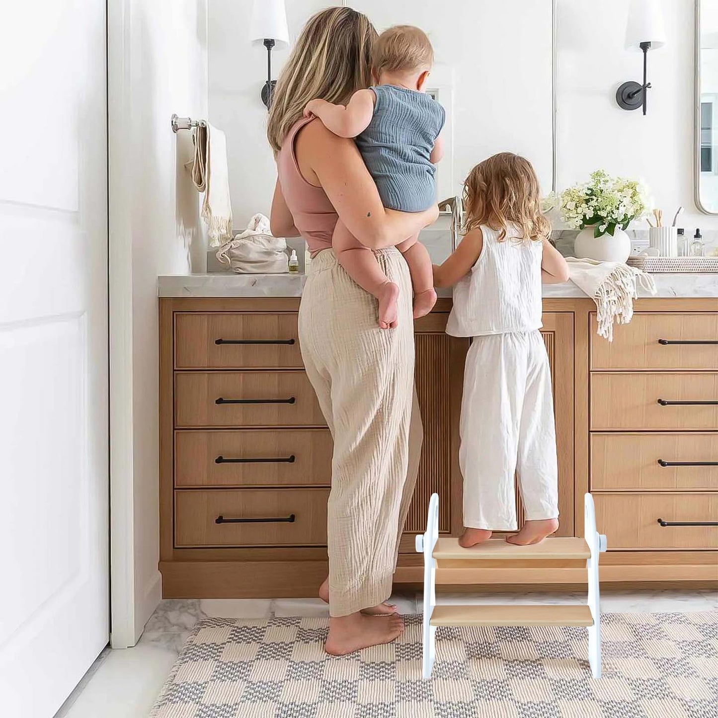 Wooden 2 Step Stool for Kids Bathroom Sink Foldable Anti-Slip 2-Step for Toilet Potty Training