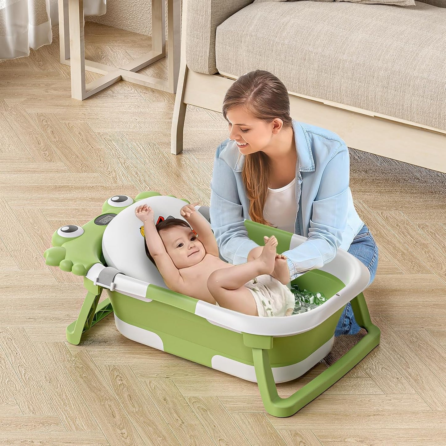 Collapsible Baby Bathtub for Newborns to Toddler with Real-time Temp Monitor & Floating