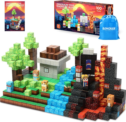 Dinosaur Magnetic Blocks,Dino Volcano World Magnet Building Toys, Sensory Montessori Toys for STEM Learning, Toddler Gift for Boys & Girls Age 3-4 4-5 6-8