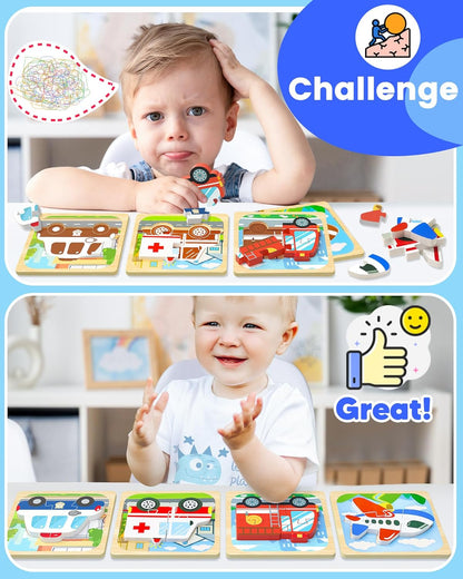 Benresive Wooden Toddler Puzzles, Montessori Toys for 1 2 3 Year Old Boys, Toys for 1 2 3 Year Old Boy Birthday Gifts, 4 Pack Vehicle Toddler Learning Educational Puzzles