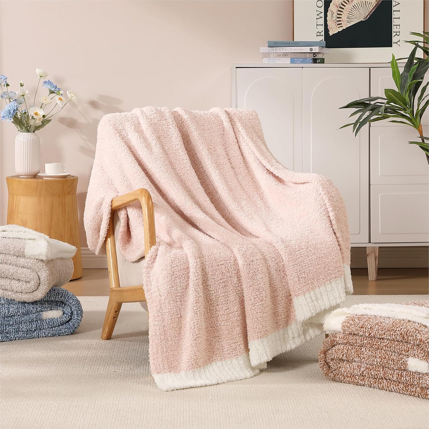 WRENSONGE Throw Blanket Cationic Dyeing Pink Soft Cozy Fluffy Warm Hand Made Weave Throw Blankets