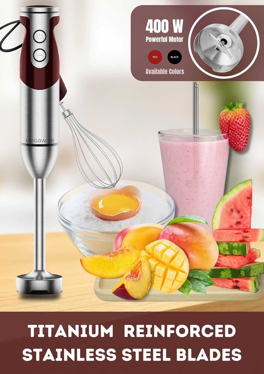 MegaWise Pro Titanium Reinforced 3-in-1 Immersion Corded Hand Blender, Powerful MOTOR with 80%