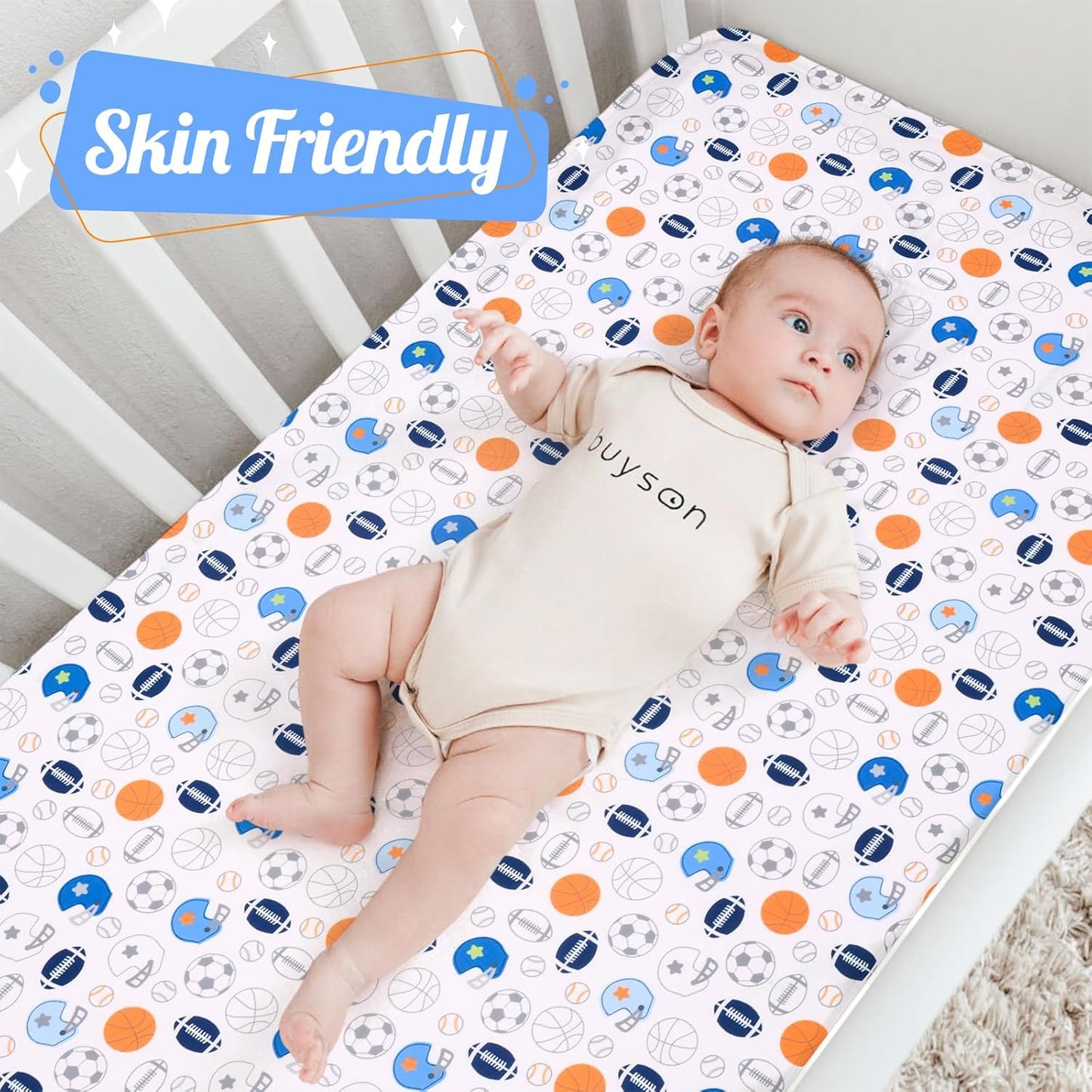 Crib Sheet - 1 Pack Sports Theme Nursery Bedding Sheet - Footballs Printed Standard Size Infant Bed