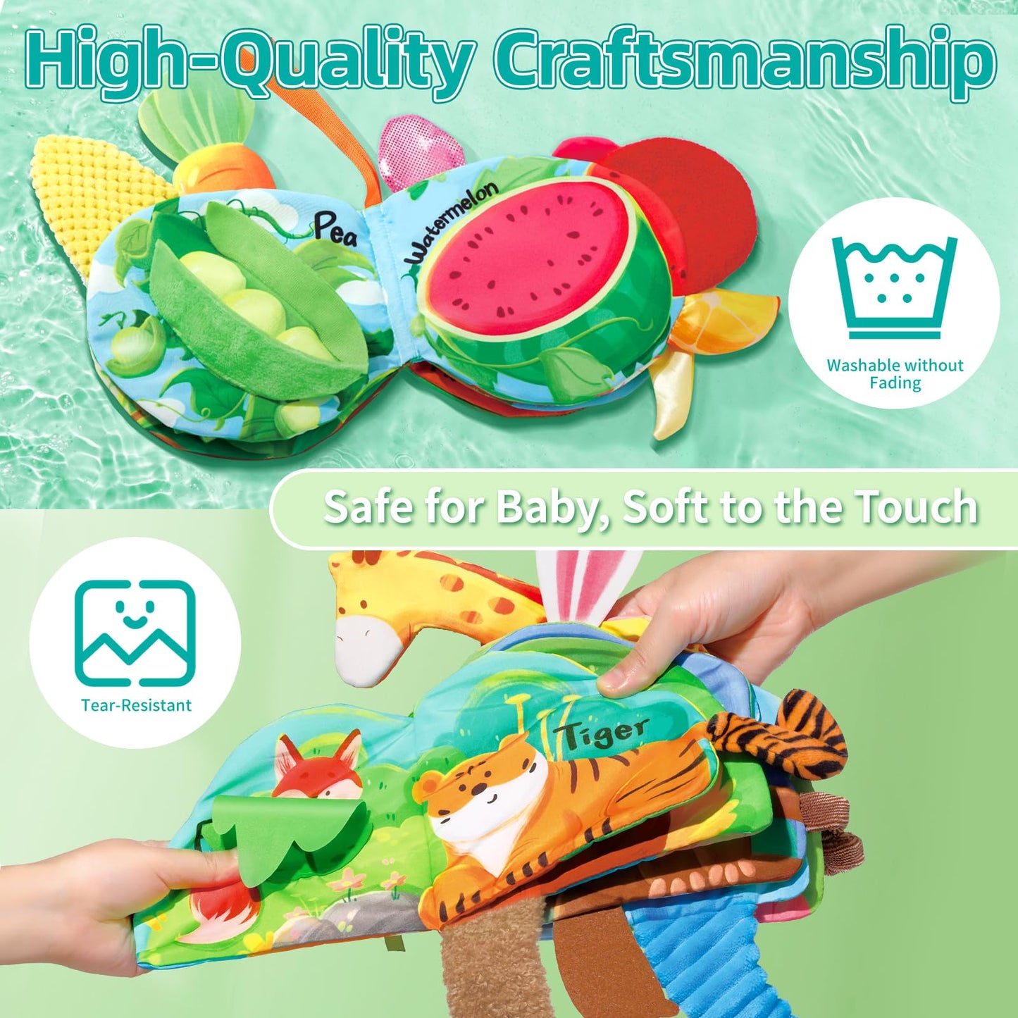 auby Baby Cloth Books, 3 Pack Soft Books for Babies 6M+, Travel Toy