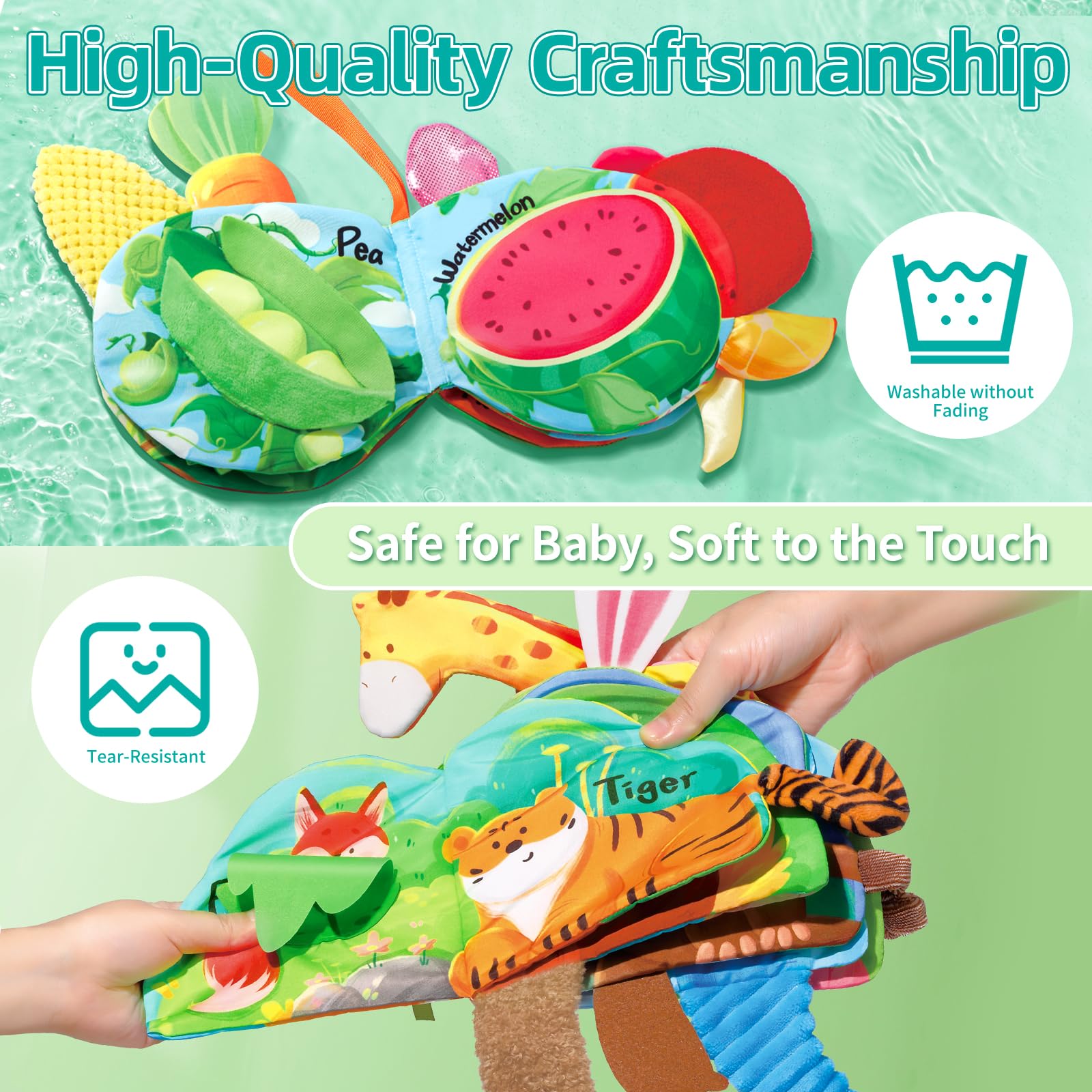 auby Baby Cloth Books, 3 Pack Soft Books for Babies 6M+, Travel Toy