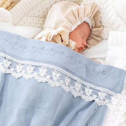 Booulfi Baby Blankets Neutral Knitted Blue Cotton Blue Baby Blanket Stroller Lace Border Crochet