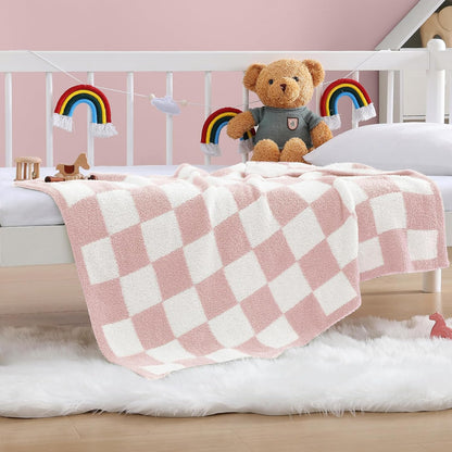 WRENSONGE Checkered Throw Blanket, Pink Microfiber Soft Cozy Fluffy Warm Hand Made Throw Blankets