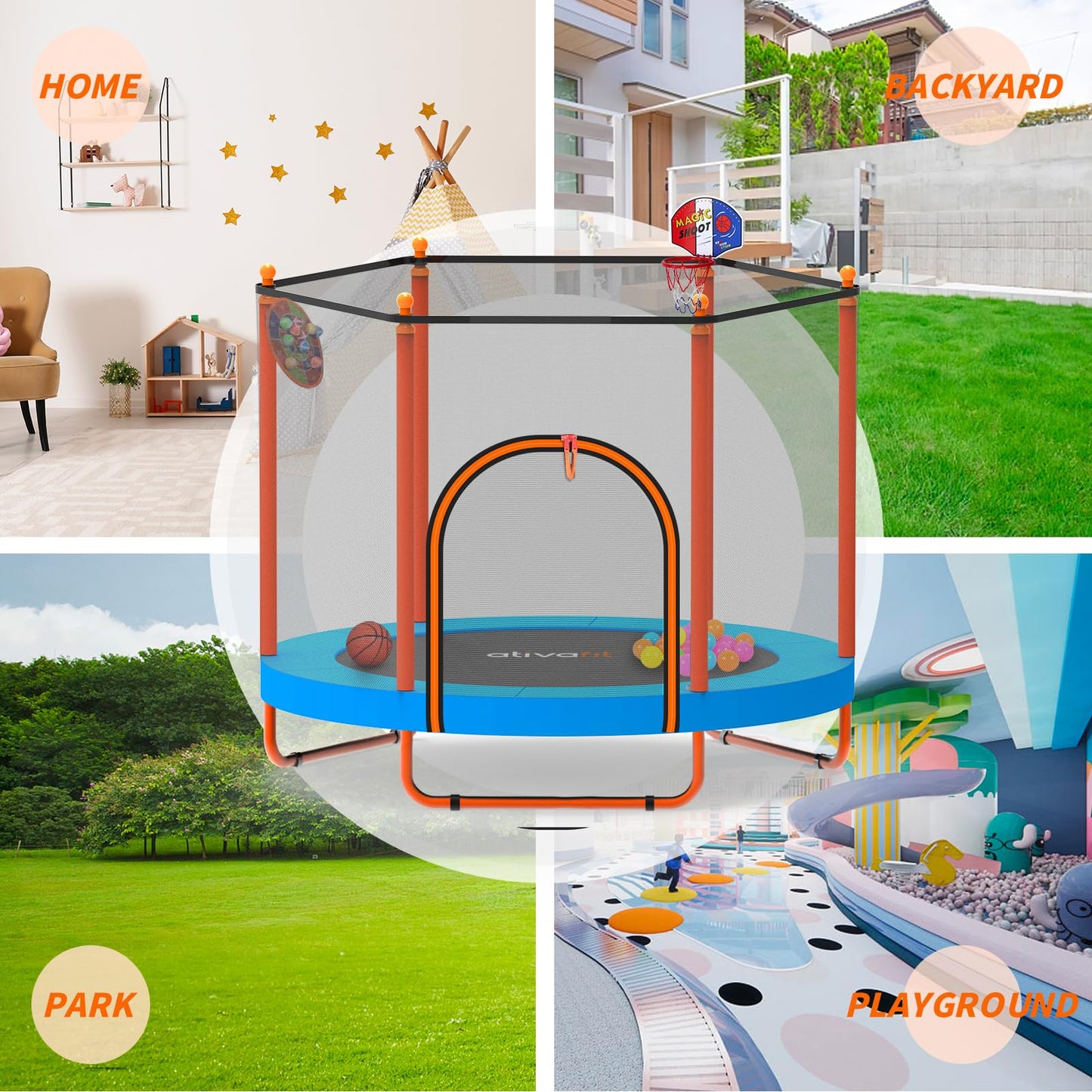 ATIVAFIT 60″ Indoor‑Outdoor Kids Trampoline Mini Rebounder with Safety Net & Hoop, Ideal for