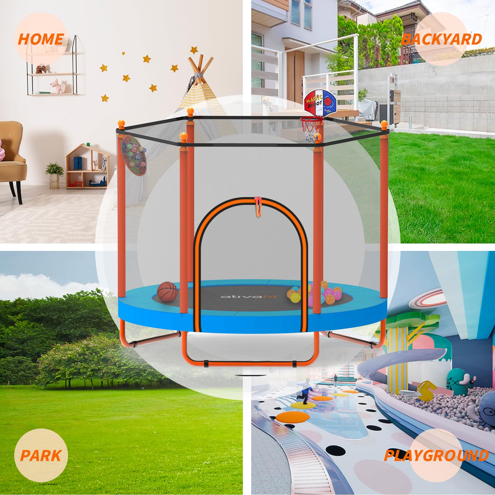 ATIVAFIT 60″ Indoor‑Outdoor Kids Trampoline Mini Rebounder with Safety Net & Hoop, Ideal for