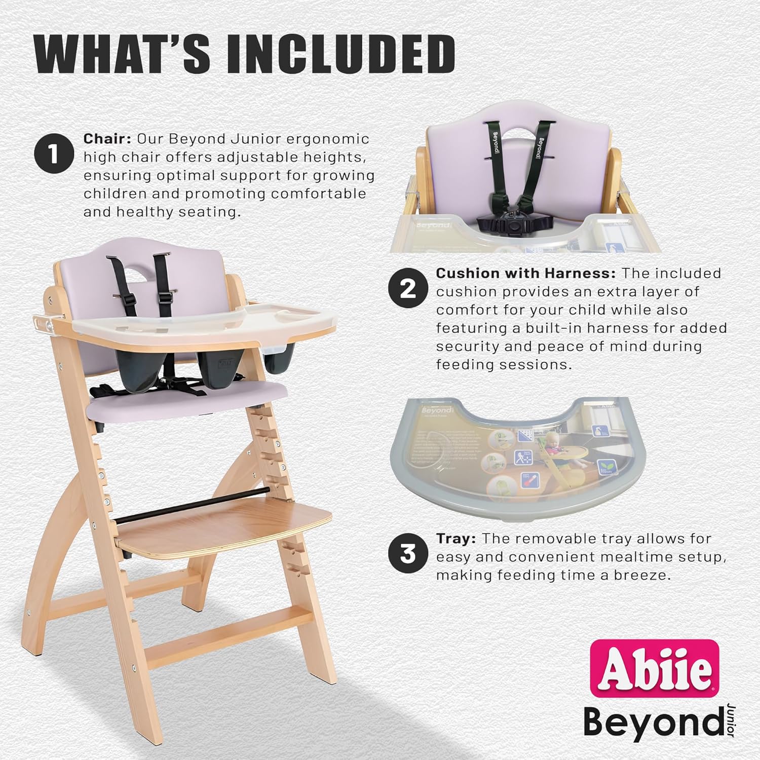 Abiie Beyond Junior Wooden High Chair with Tray - Adjustable and Convertible High Chair for Babies